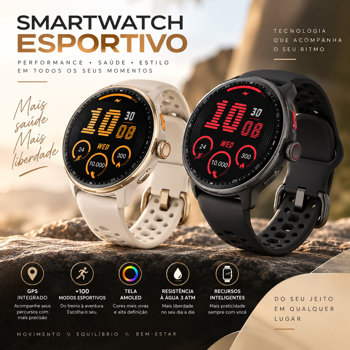 Smartwatch Esportivo GPS AMOLED – Relógio Inteligente com +100 Modos Esportivos