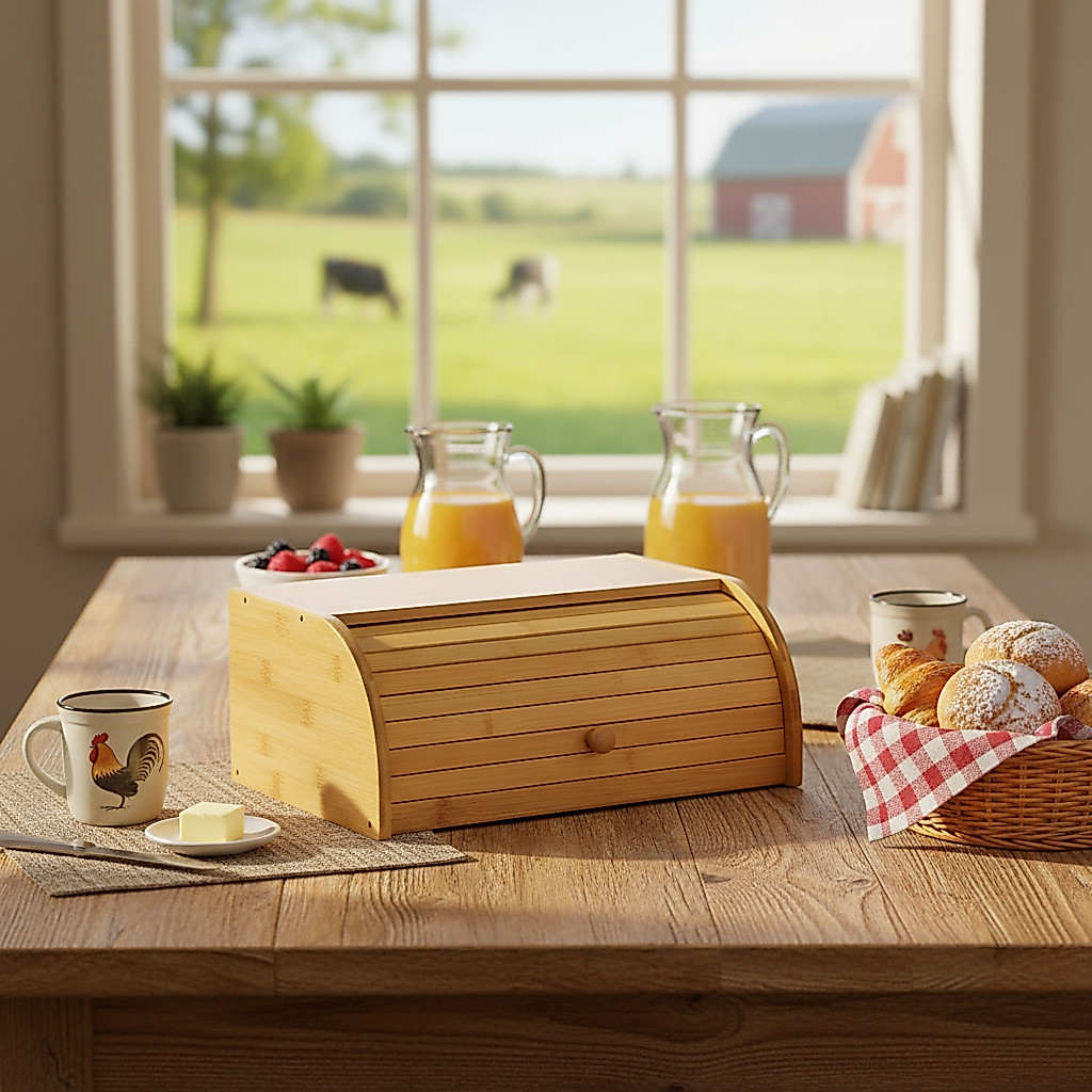 Porta Pão Bambu Com Tampa Retrátil 40X27X16CM Perfeita Para Armazenar Pães Bolachas Resistente
