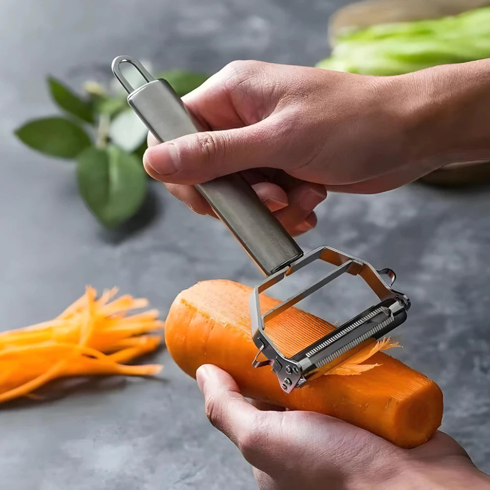 Kit 3 Descascador E Fatiador Para Legumes Frutas Verduras Dupla Lâmina Em Aço Inoxidável