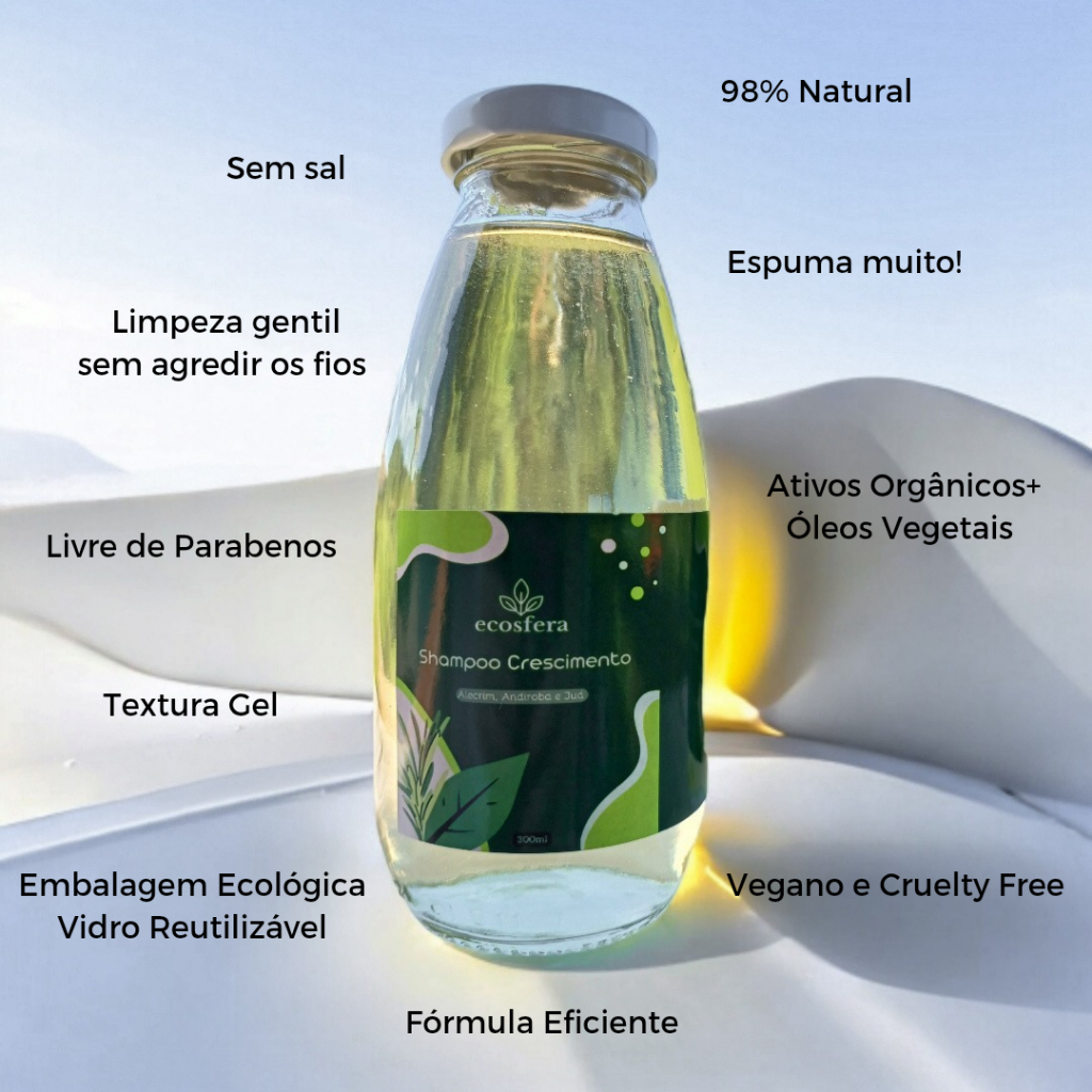 Shampoo Crescimento Alecrim, Andiroba Juá - Sem Sal - Vegano, 300ML