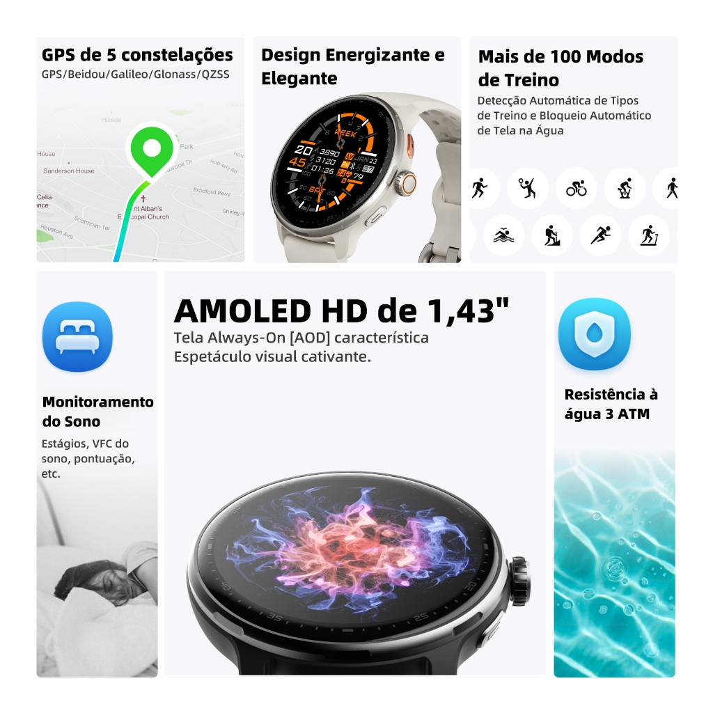 Smartwatch GPS BETTDOW com aplicativo de IA integrado, 100 modos esportivos, resistência à água de 3 ATM e tela AMOLED