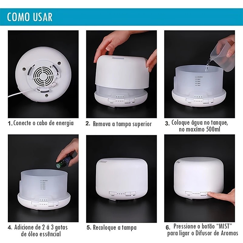 Umidificador Difusor Aromatizador 500ml Ultrassônico Estilo Branco com Led 7 cores com controle