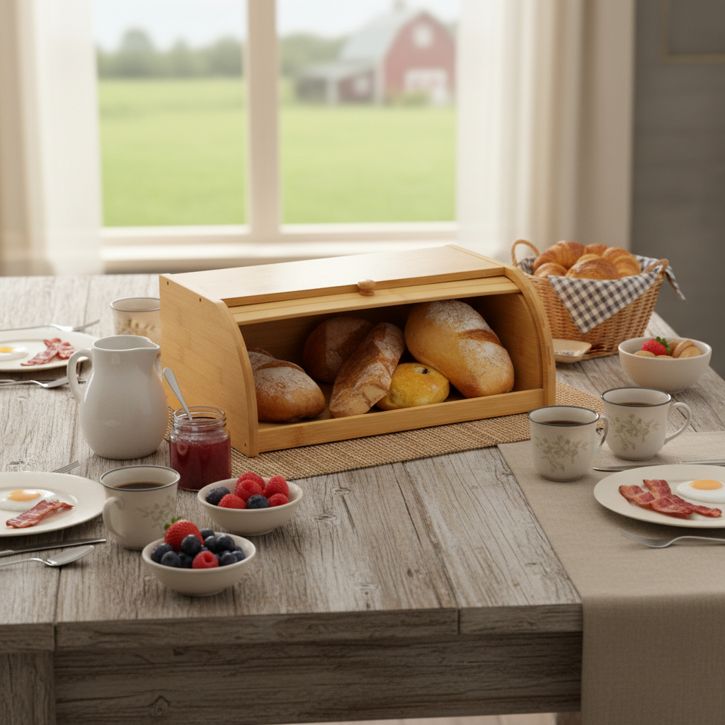 Porta Pão Bambu Com Tampa Retrátil 40X27X16CM Perfeita Para Armazenar Pães Bolachas Resistente