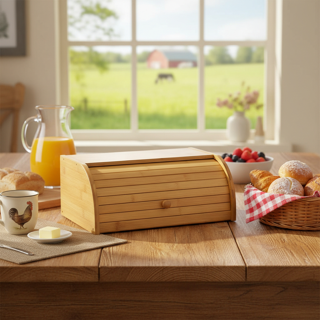 Porta Pão Bambu Com Tampa Retrátil 40X27X16CM Perfeita Para Armazenar Pães Bolachas Resistente