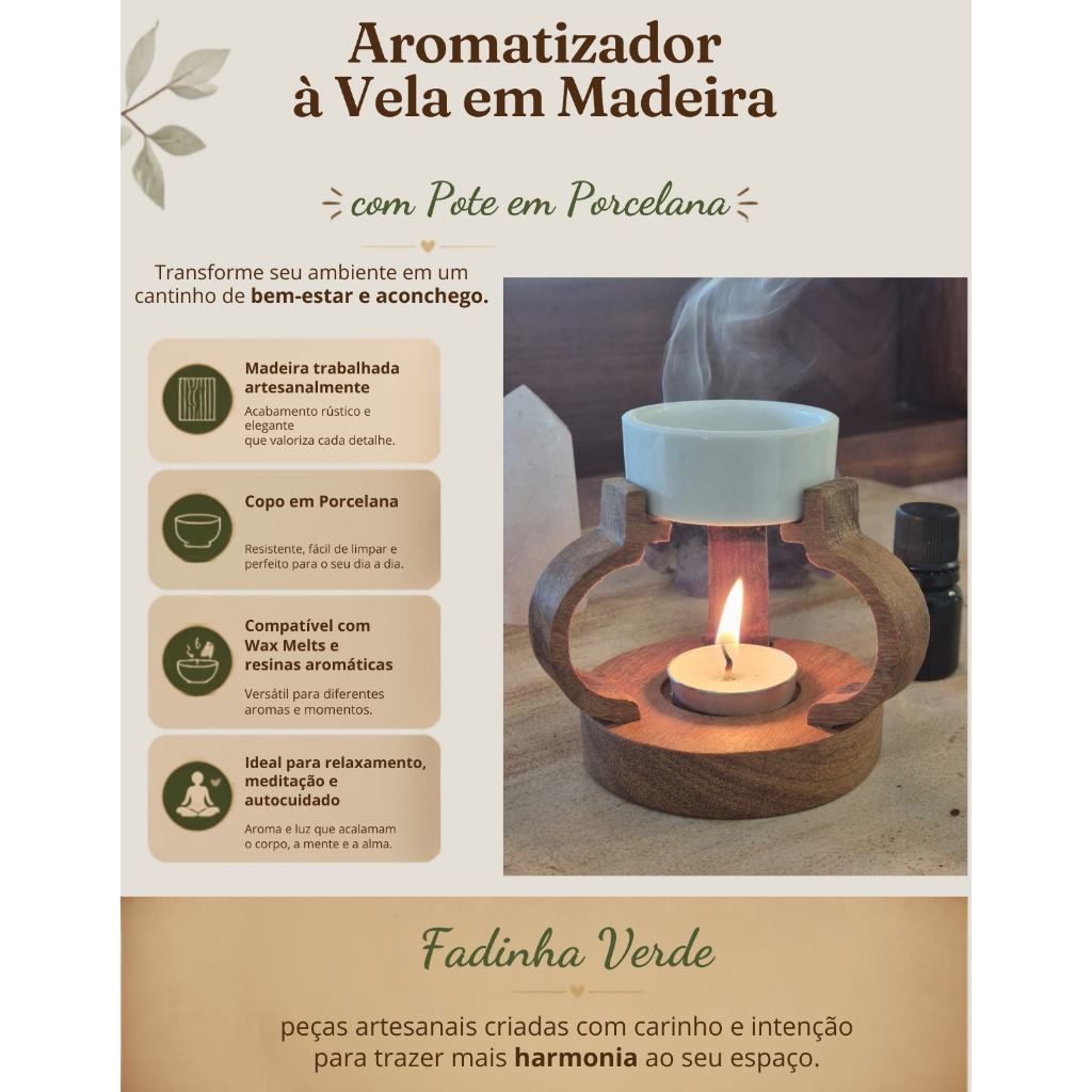 Recho Decorativo Aromatizante Queimador Aromático Madeira Porcelana 3 velas Difusor Odorizador Névoa