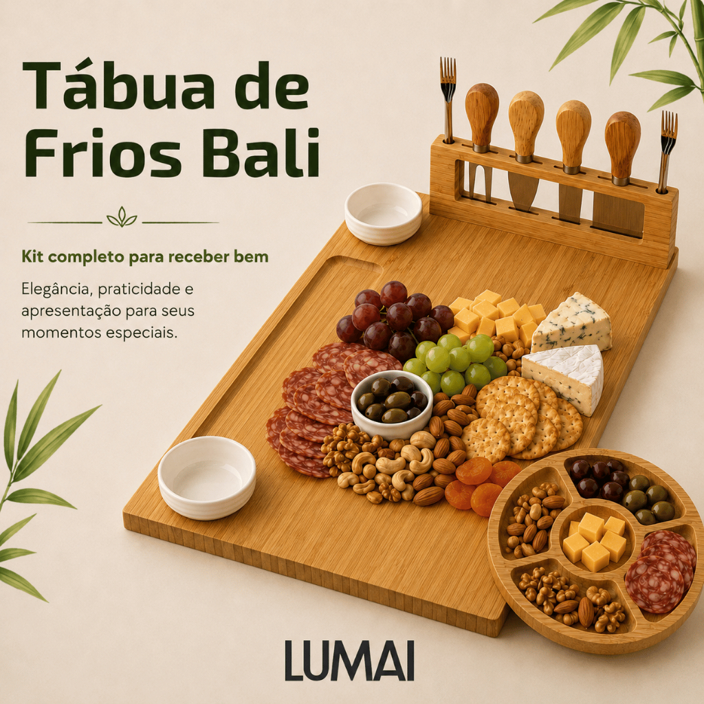 Lumai Kit Tábua Queijos Frios Petisqueira Bambu Facas Garfos Potes Cerâmica Servir Churrasco