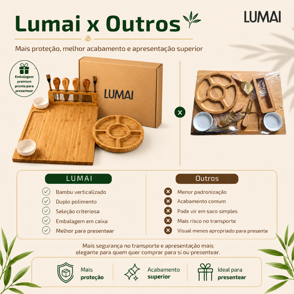 Lumai Kit Tábua Queijos Frios Petisqueira Bambu Facas Garfos Potes Cerâmica Servir Churrasco