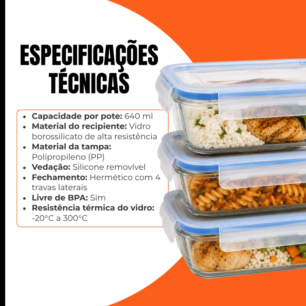 Potes Herméticos Marmita de Vidro 640ml Vidro Microondas Geladeira Forno Fitness