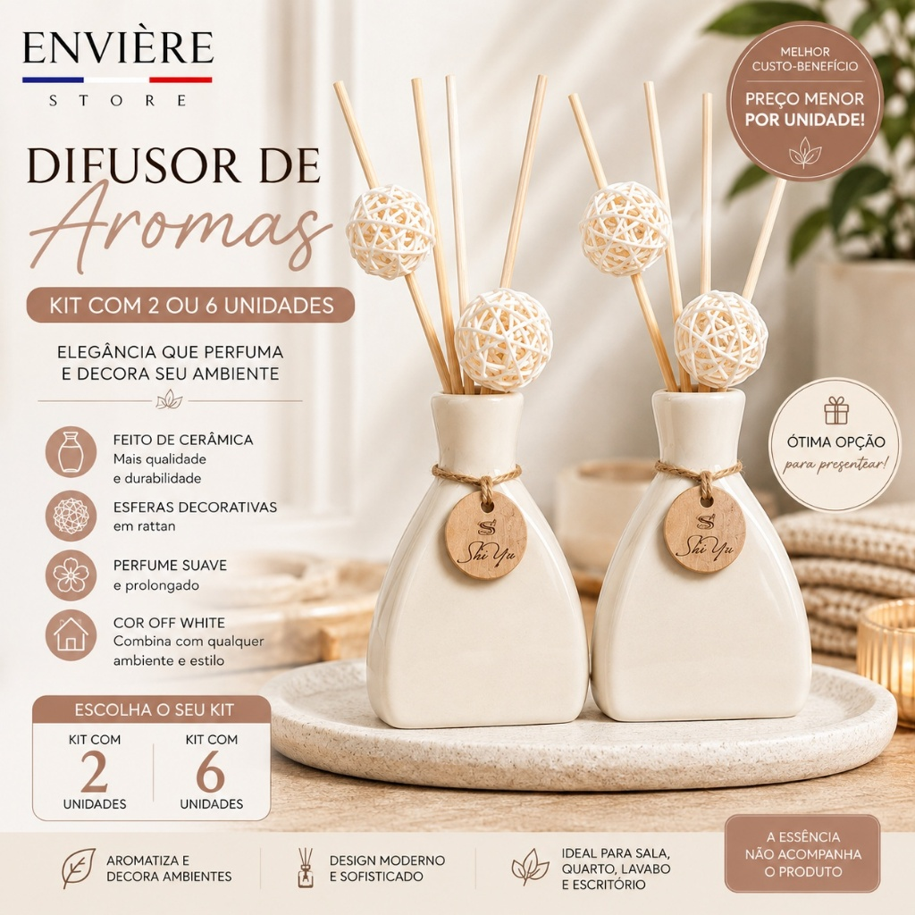 Kit Difusor de Aromas em Cerâmica Off White – 2 ou 6 Unidades | Elegância e Versatilidade para Decorar