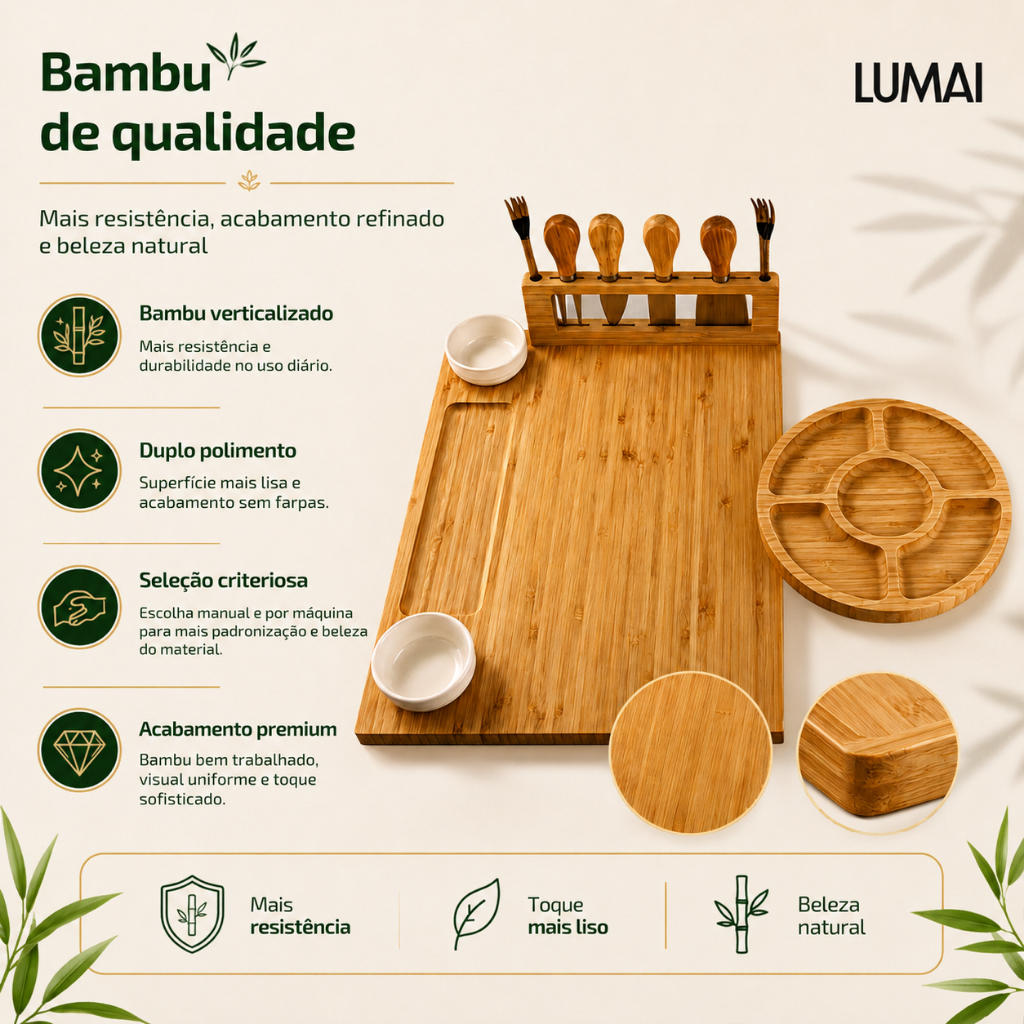 Lumai Kit Tábua Queijos Frios Petisqueira Bambu Facas Garfos Potes Cerâmica Servir Churrasco