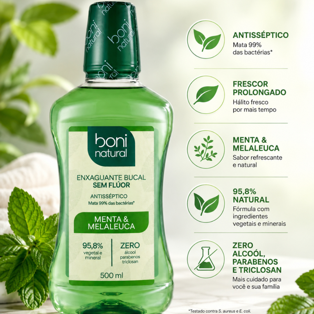 Enxaguante Bucal Vegano Natural Menta e Melaleuca 500ml - Boni Natural
