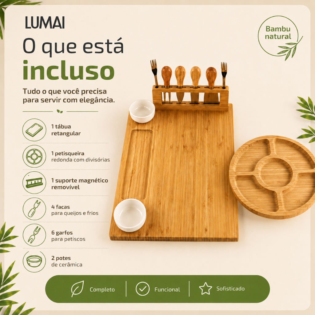 Lumai Kit Tábua Queijos Frios Petisqueira Bambu Facas Garfos Potes Cerâmica Servir Churrasco