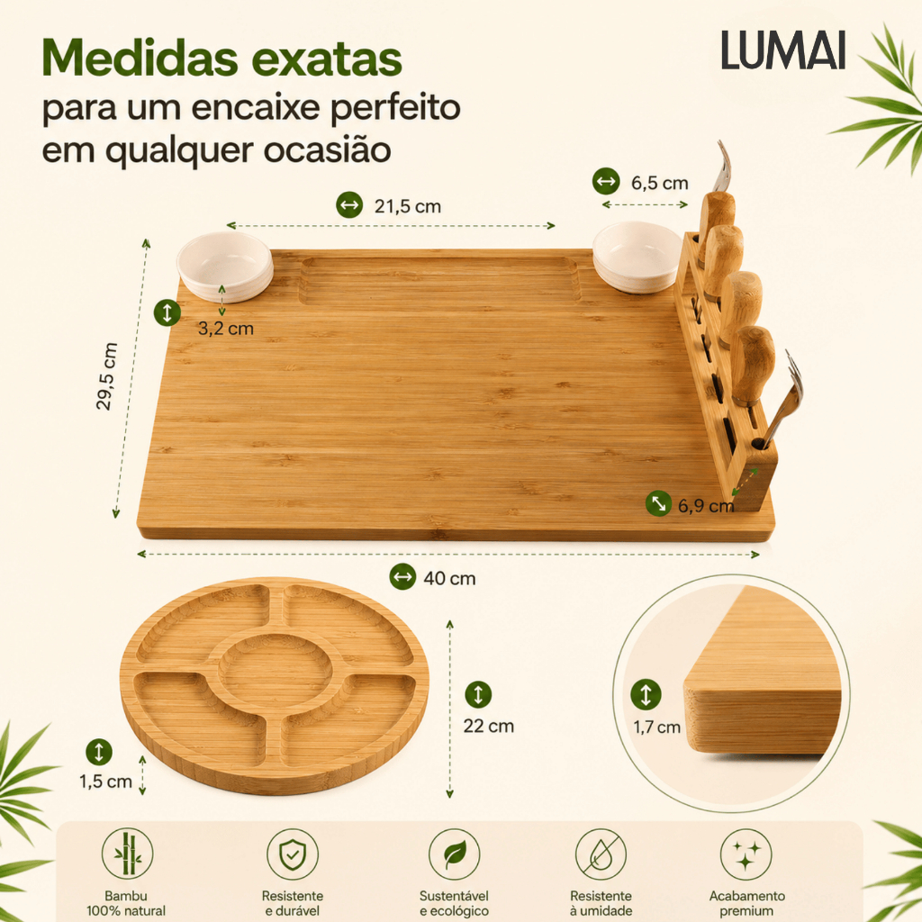 Lumai Kit Tábua Queijos Frios Petisqueira Bambu Facas Garfos Potes Cerâmica Servir Churrasco
