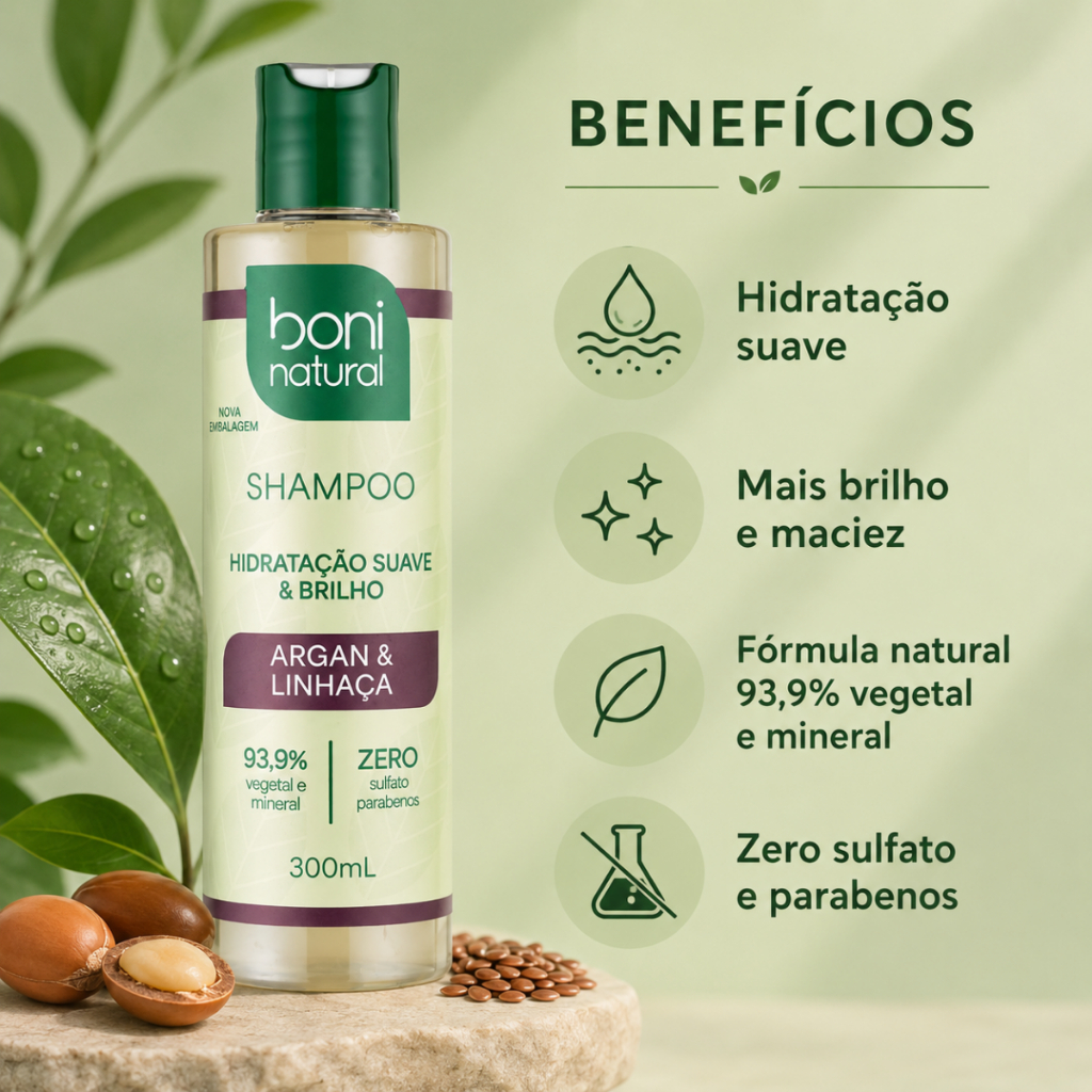 Shampoo Natural Vegano Argan E Linhaça 300ml - Boni Natural