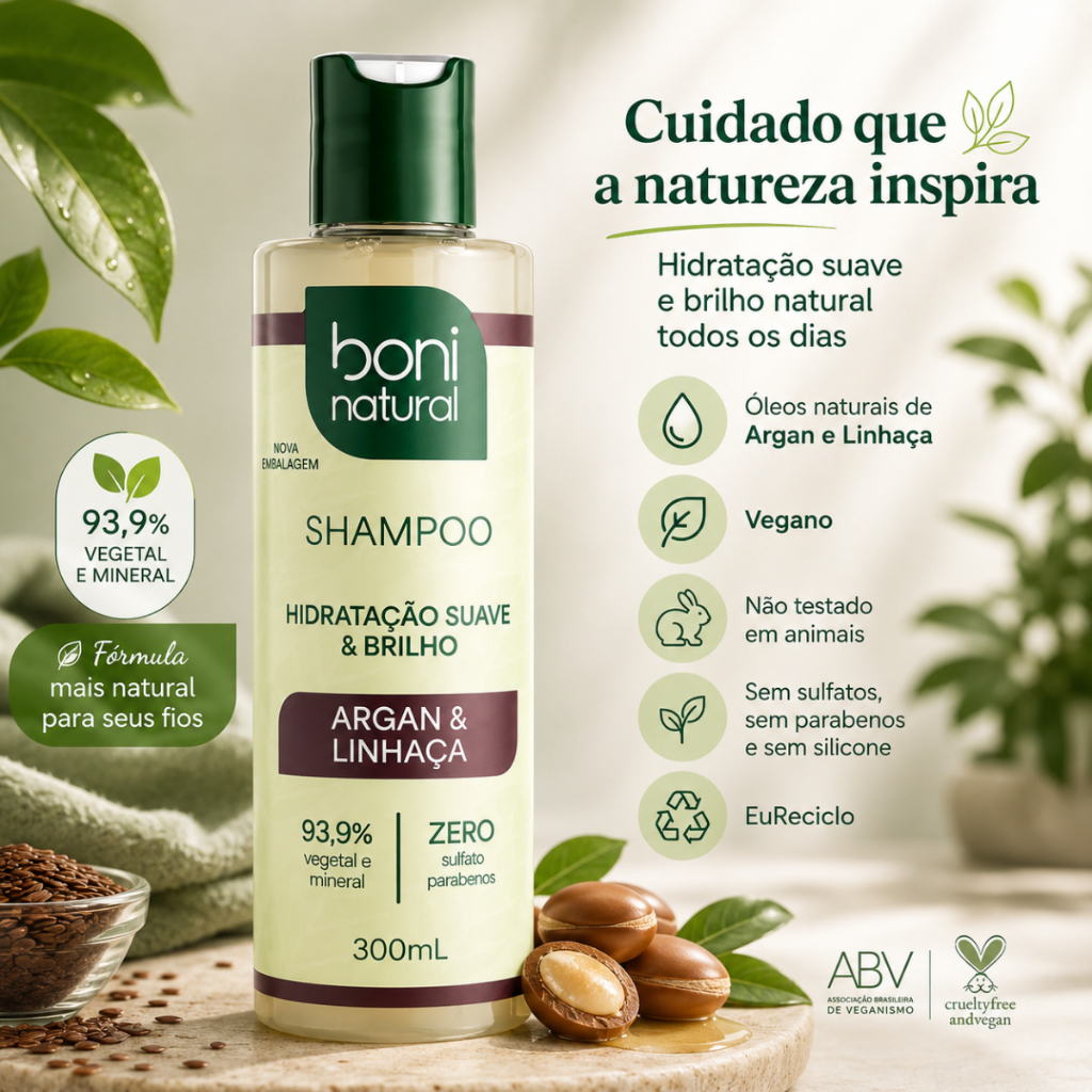 Shampoo Natural Vegano Argan E Linhaça 300ml - Boni Natural
