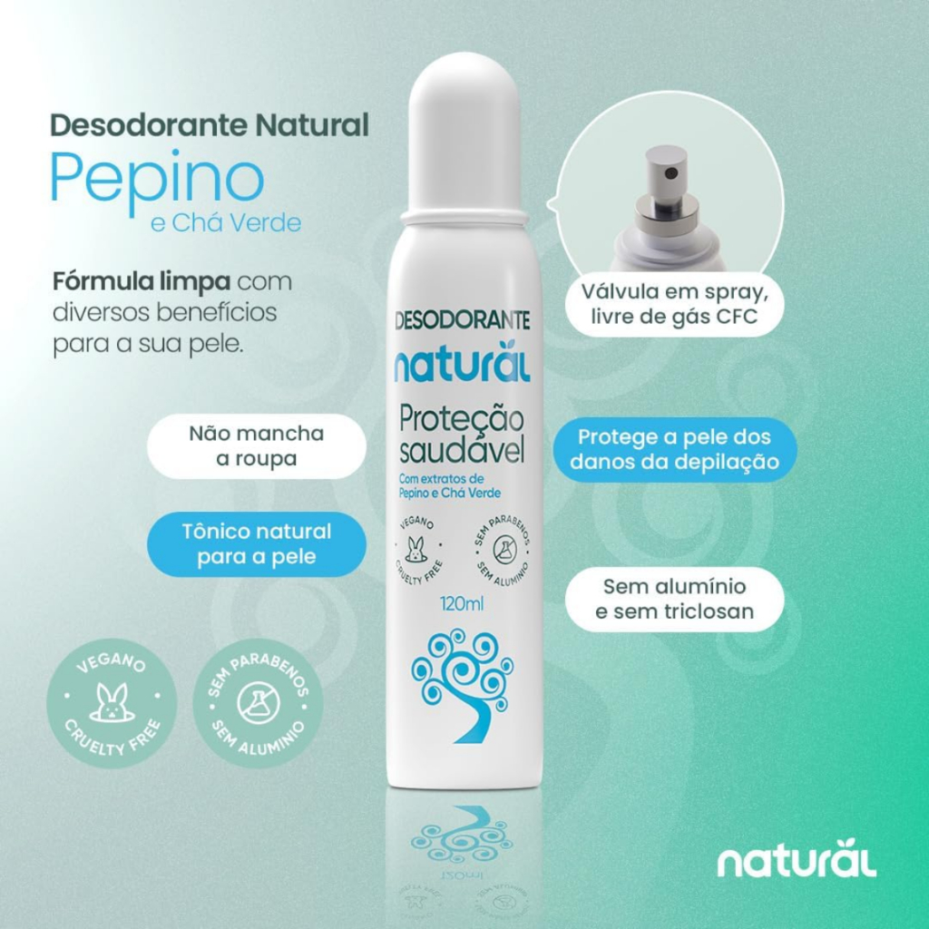 Desodorante Spray Orgânico Natural Pepino e Chá Verde 120ml