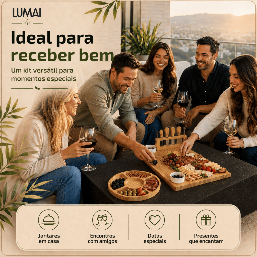 Lumai Kit Tábua Queijos Frios Petisqueira Bambu Facas Garfos Potes Cerâmica Servir Churrasco