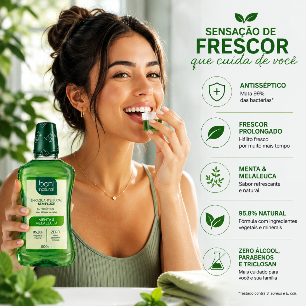 Enxaguante Bucal Vegano Natural Menta e Melaleuca 500ml - Boni Natural