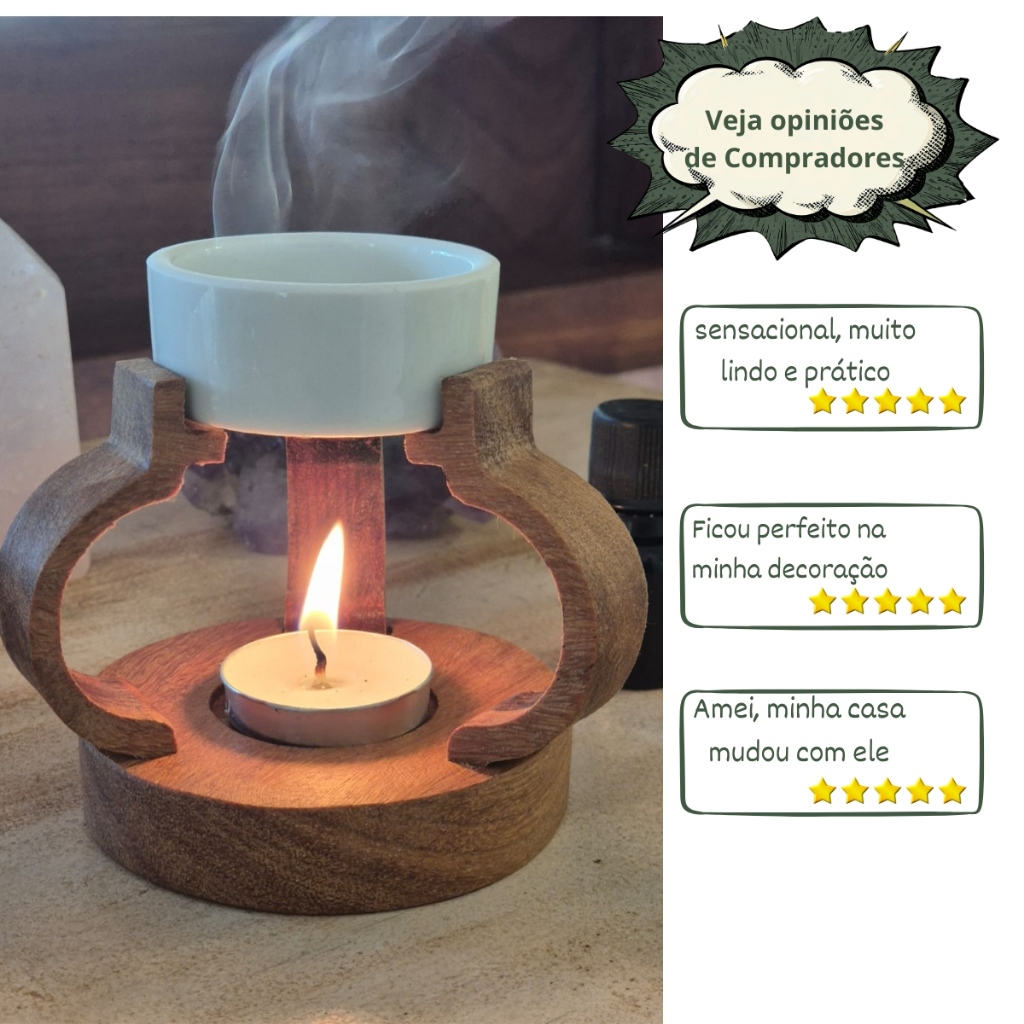 Recho Decorativo Aromatizante Queimador Aromático Madeira Porcelana 3 velas Difusor Odorizador Névoa