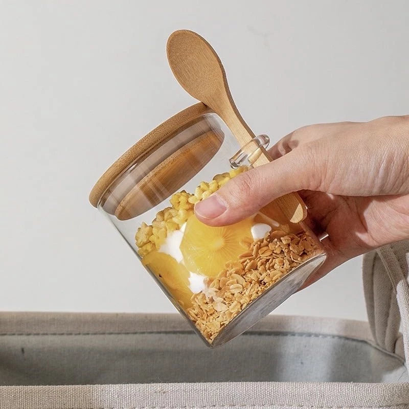 Kit 2 Pote De Vidro Tampa de Bambu