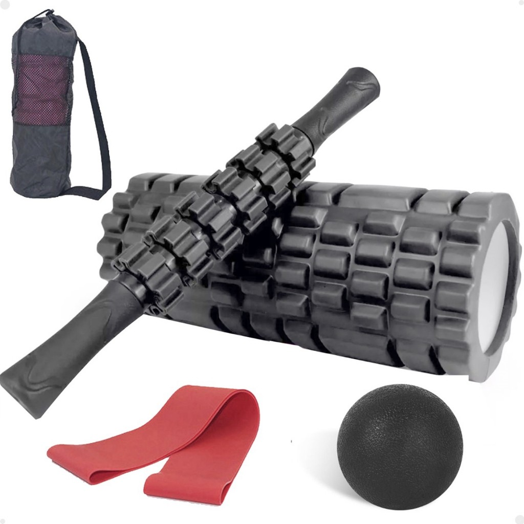 Kit Completo 4x1 Lorben Rolo de Massagem Bastão Miosfascial Bola Lacrosse Faixa Elástica Band Bolsa