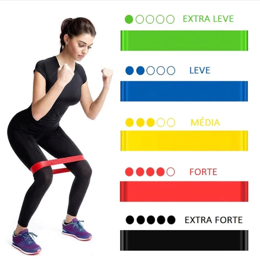 Kit 5 Elástico de Treino Mini Band + Elástico Tensão Extensor Exercício Treino Funcional Fisioterapia em Casa