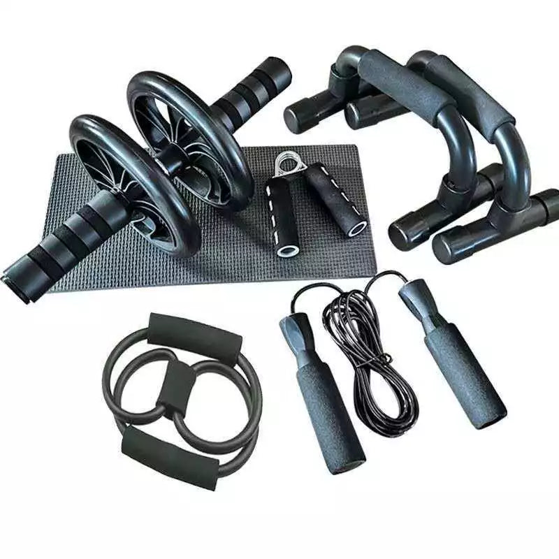 Kit Fitness 6 em 1 Roda Abdominal Flexão Corda Elástico Hand Grip Tapete Treino em Casa