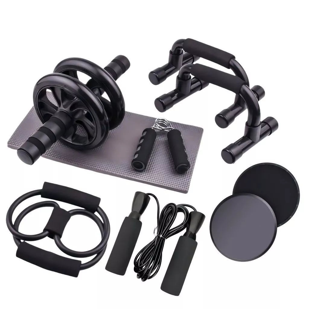 Kit Fitness 6 em 1 Roda Abdominal Flexão Corda Elástico Hand Grip Tapete Treino em Casa