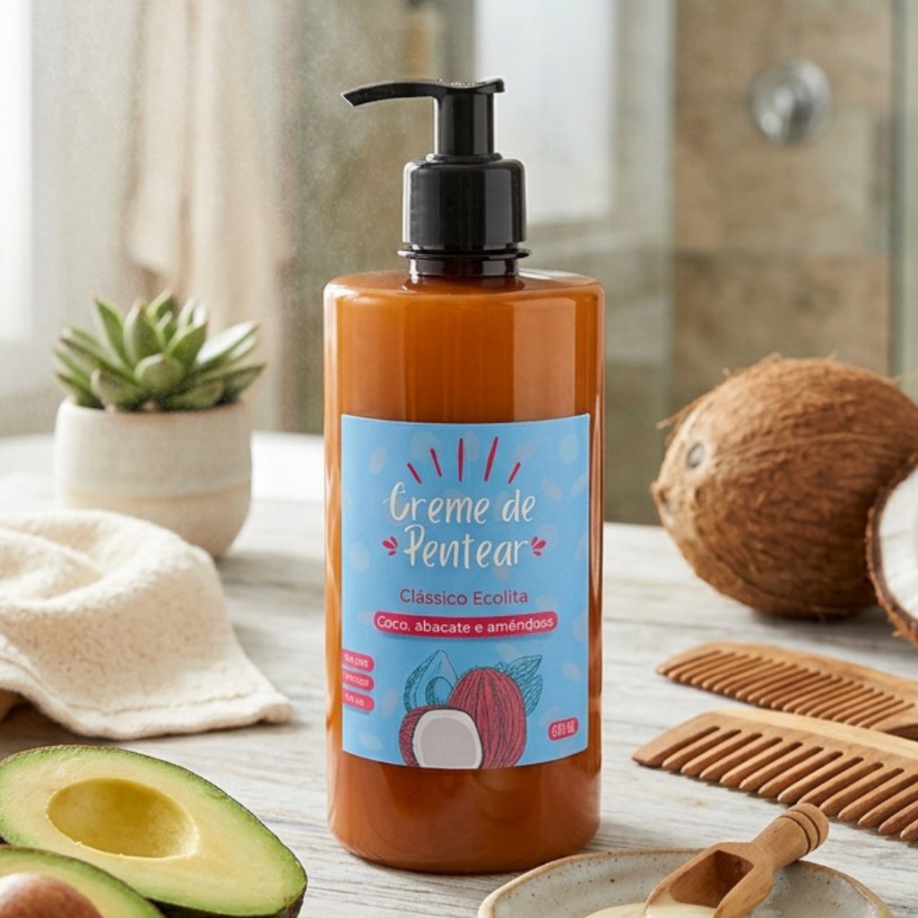 Creme de pentear clássico ecolita | finalizador de cachos | coco, abacate e amêndoas | Vegano, artesanal e eco.