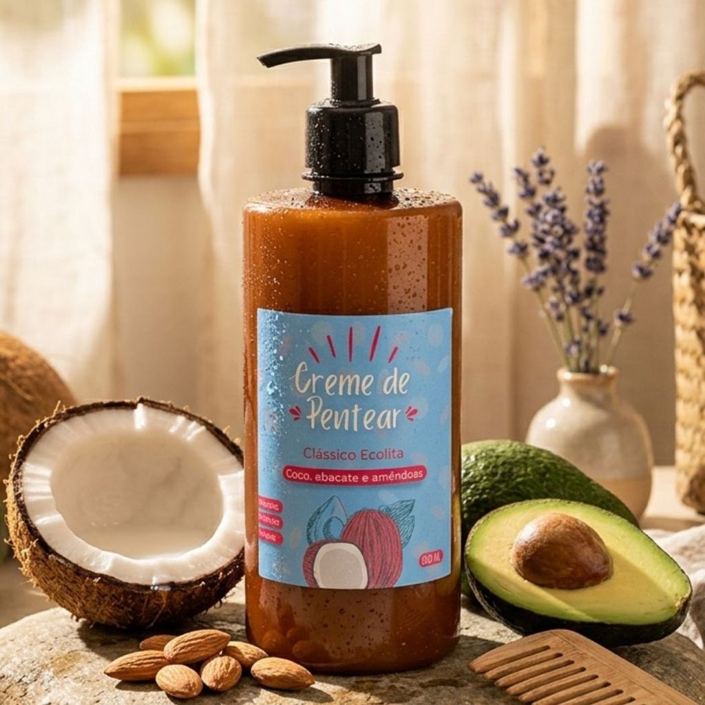 Creme de pentear clássico ecolita | finalizador de cachos | coco, abacate e amêndoas | Vegano, artesanal e eco.